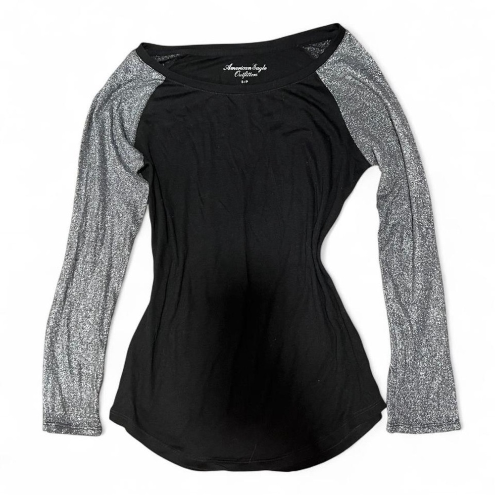 American Eagle Outfitters Black Top with Silver Glitter Sleeves